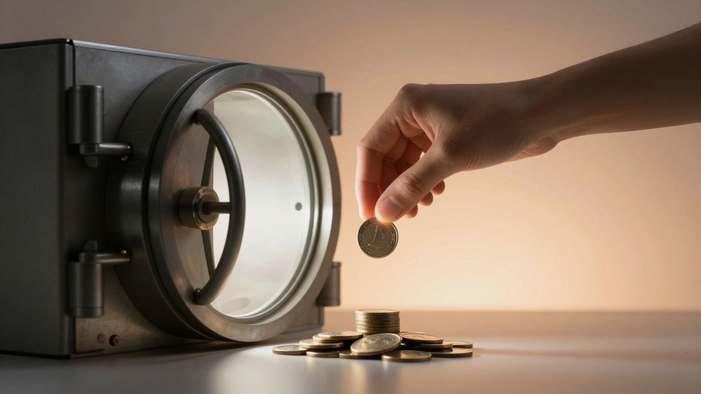 Person depositing a glowing coin into a bank vault.