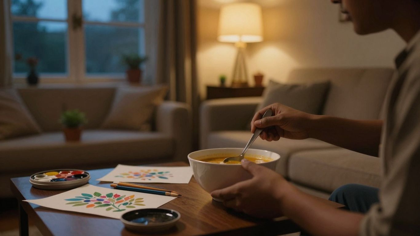 Person finding comfort through food and creativity.