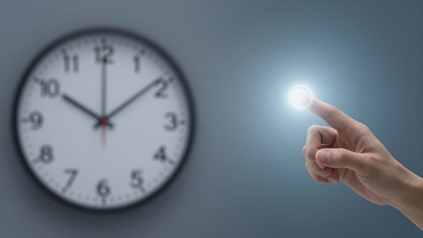 Clock and hand hovering over a decision button.