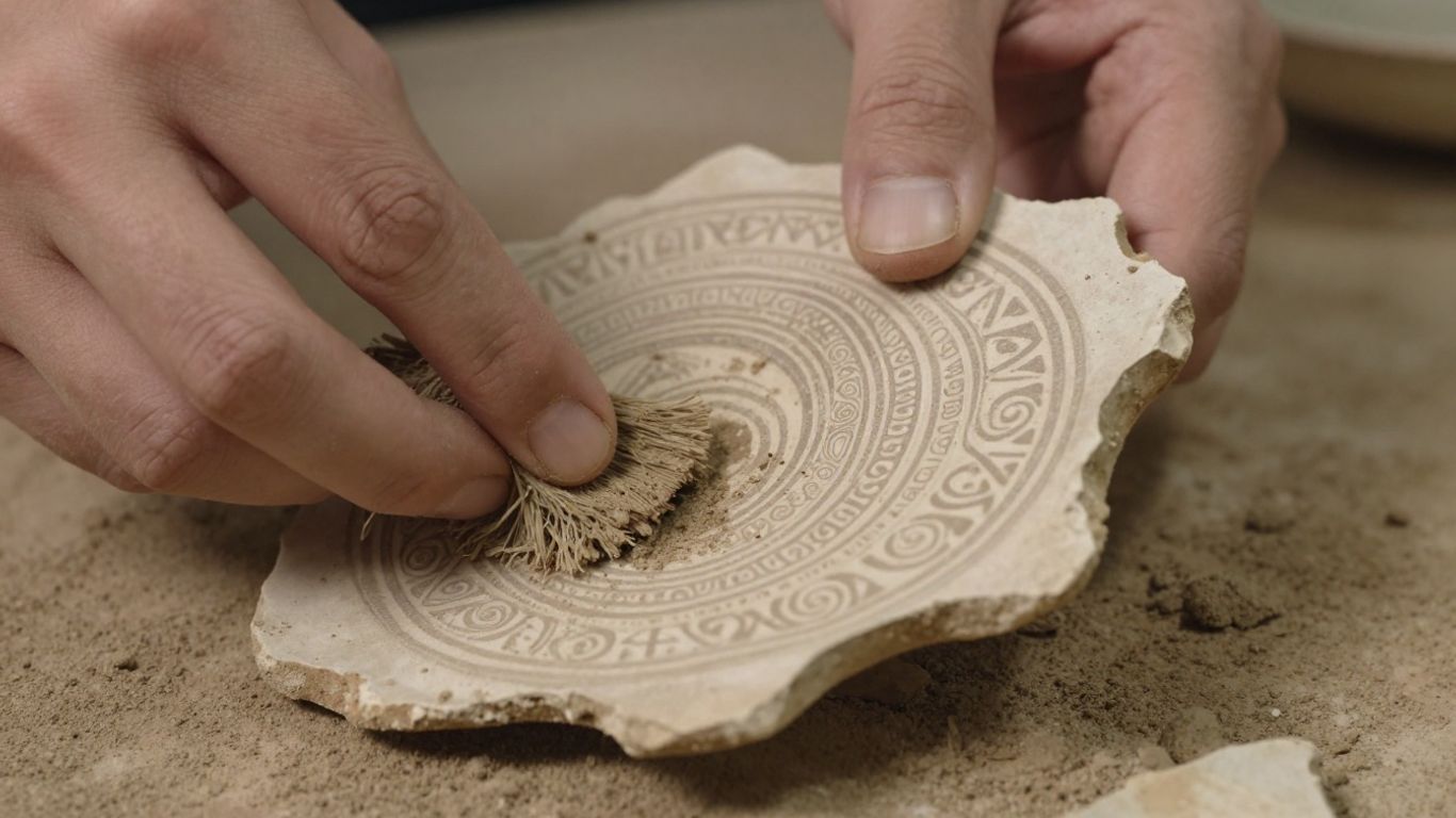 Archaeological dig unearthing ancient pottery shard.