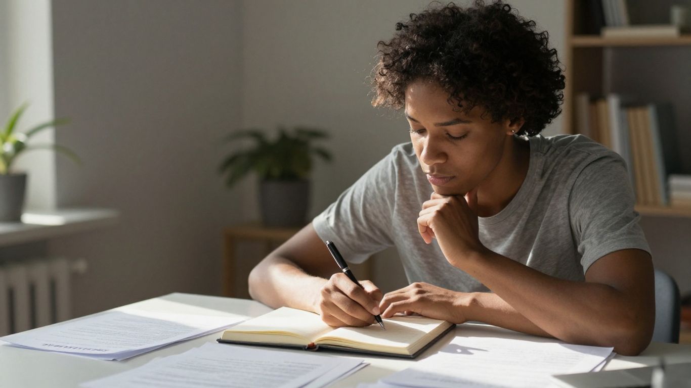Person writing in a notebook, reflecting on past and future.