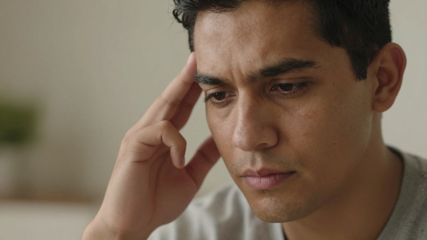 Person looking thoughtful, hand on temple.