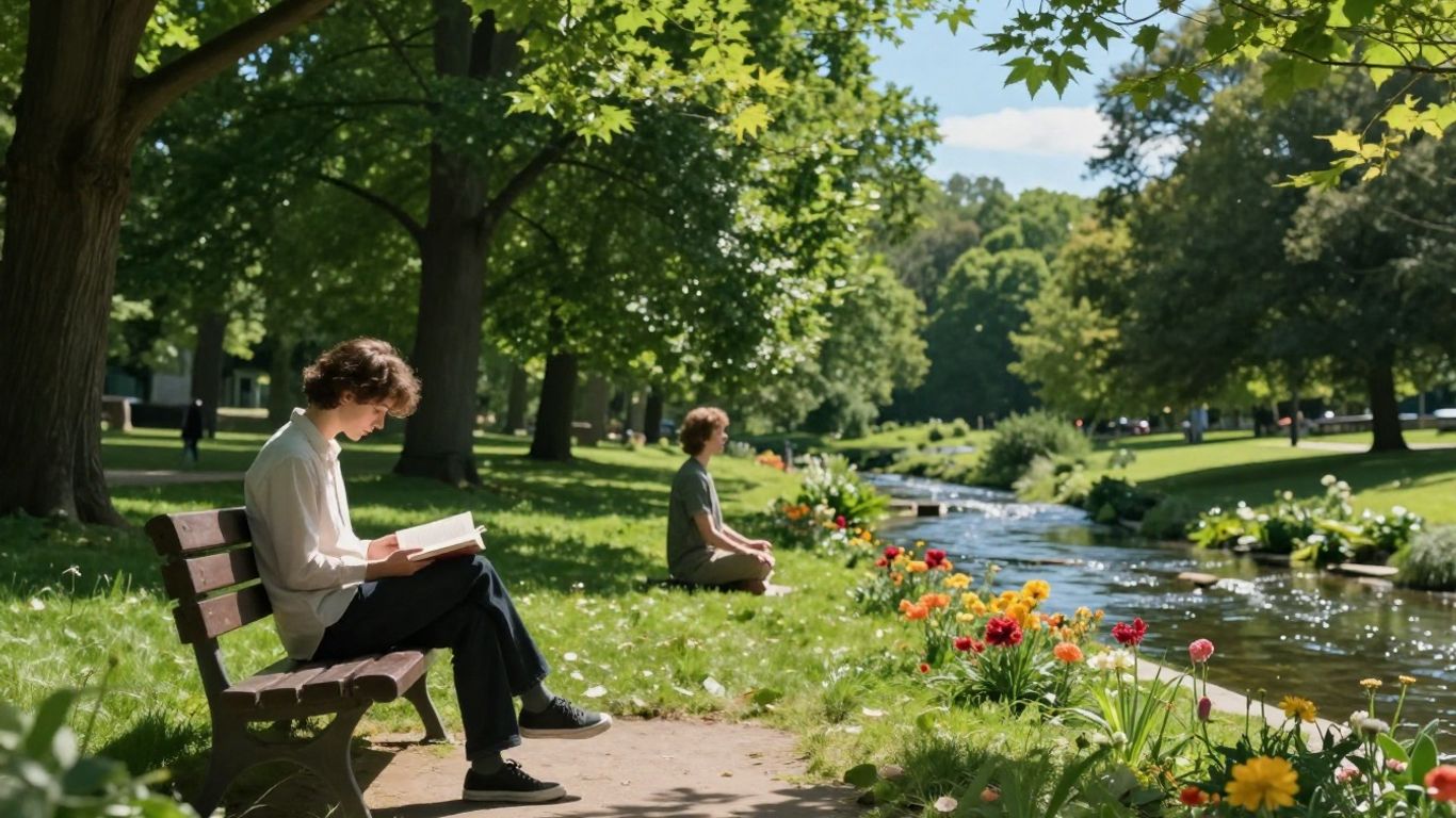 Person reading and meditating in a peaceful outdoor setting.