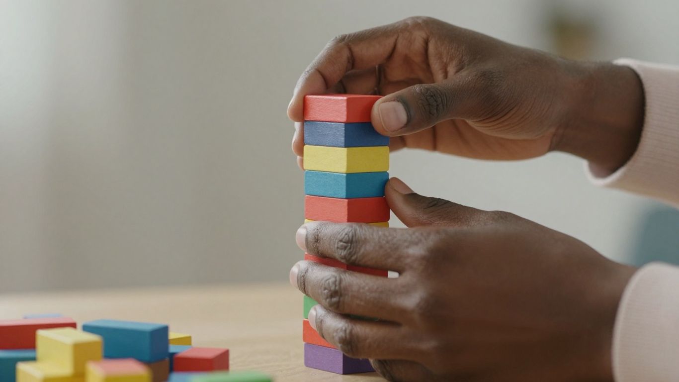 Hands stacking small, colorful blocks precariously.