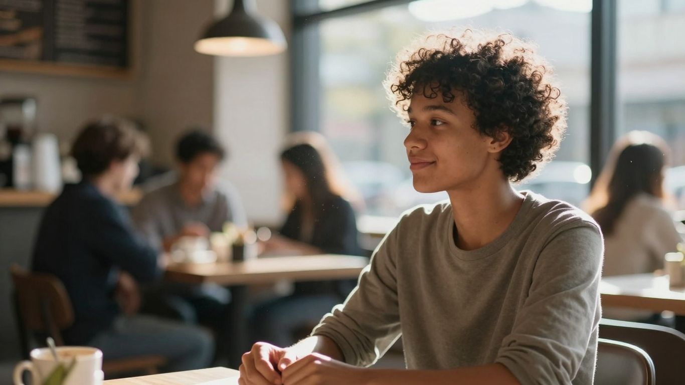 Person calmly enjoying a busy cafe environment.