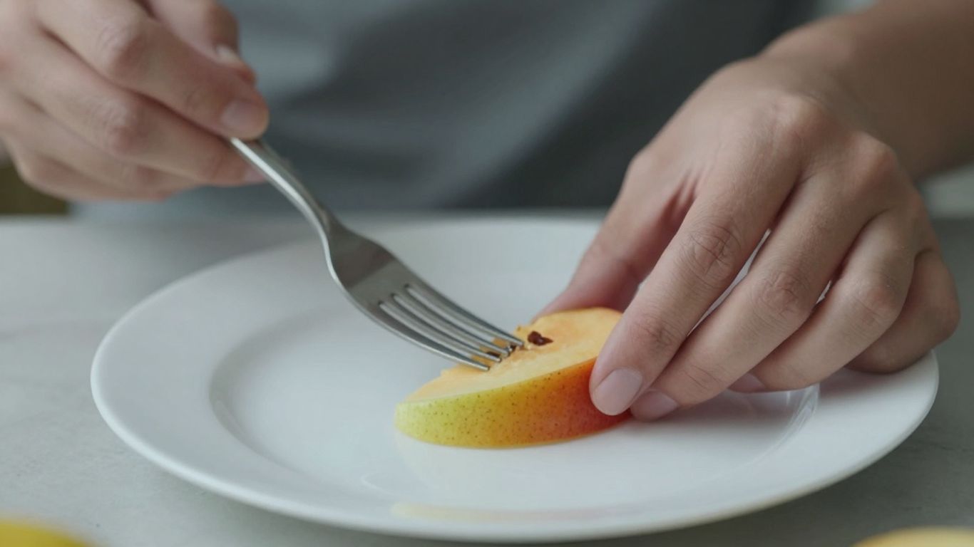 Hand placing fruit on plate for mindful eating.
