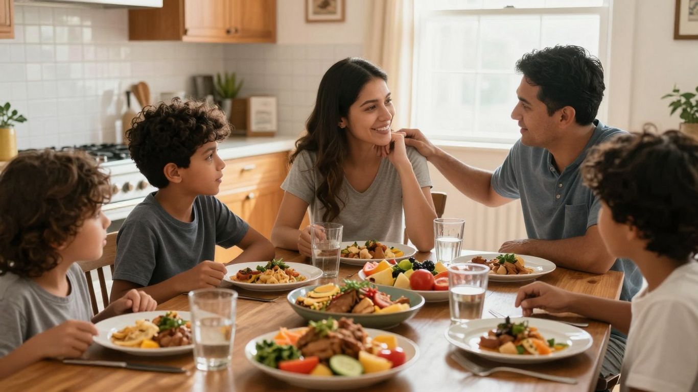 Family sharing food, setting boundaries with love.