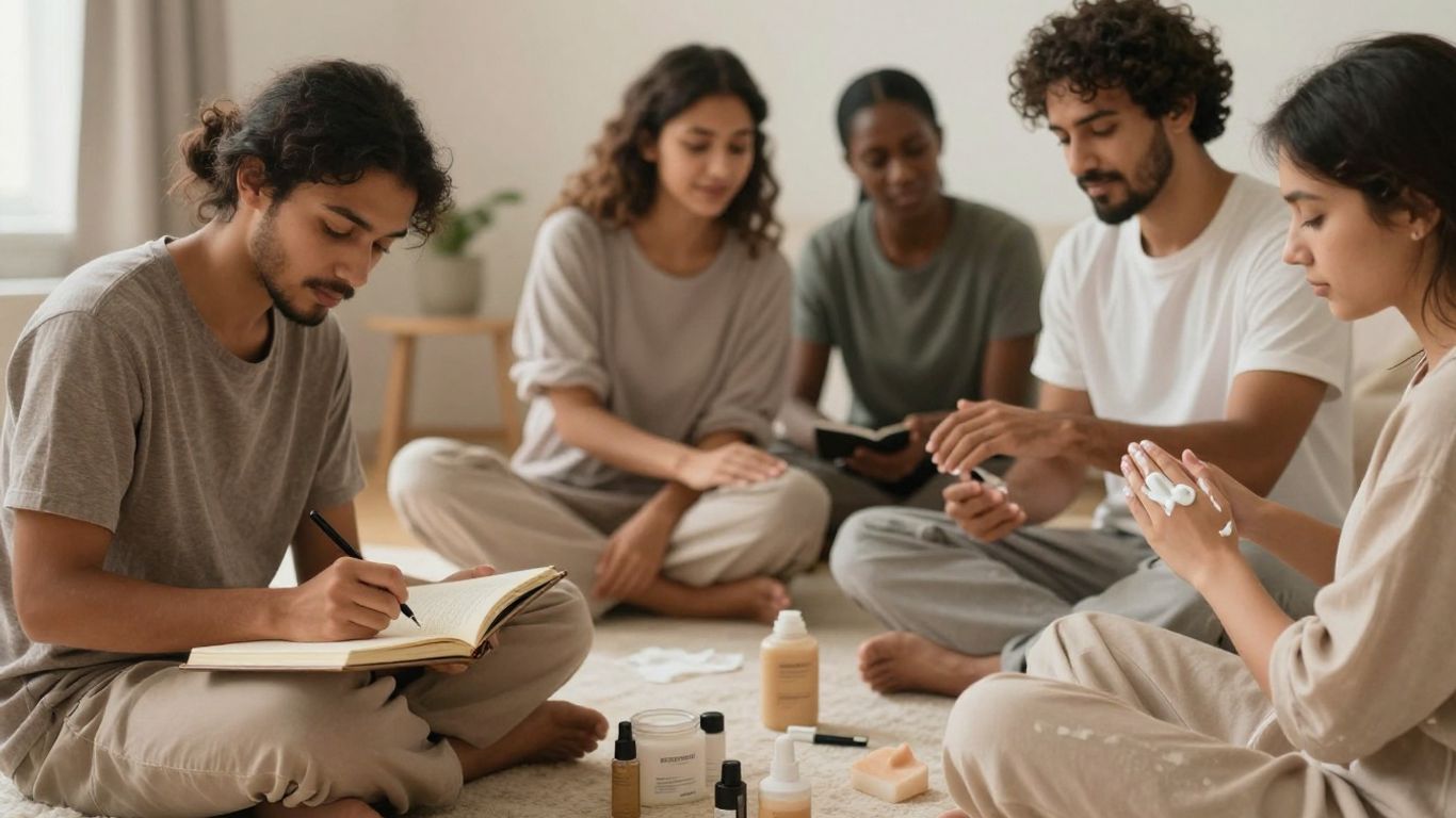 People practicing body appreciation through writing, movement, and skincare.