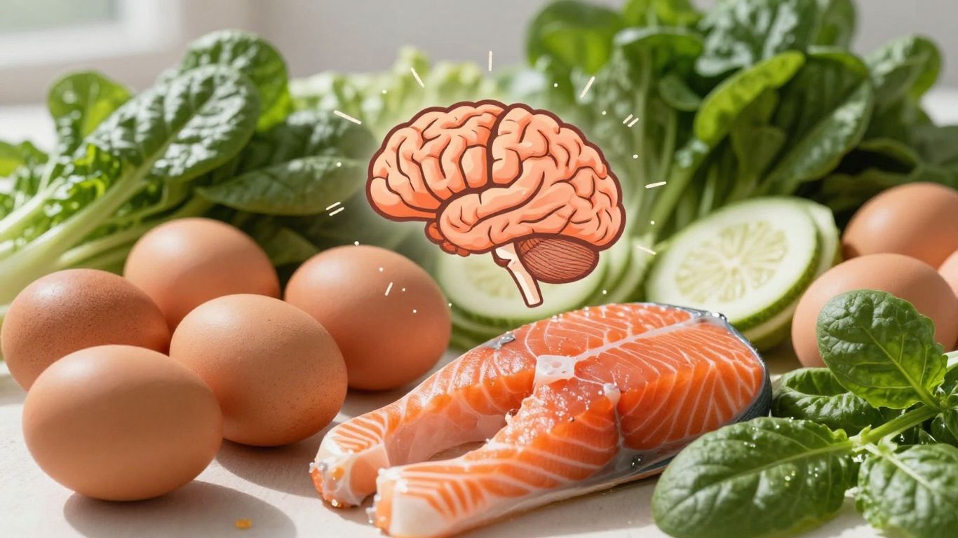 Choline-rich foods and a healthy brain illustration.