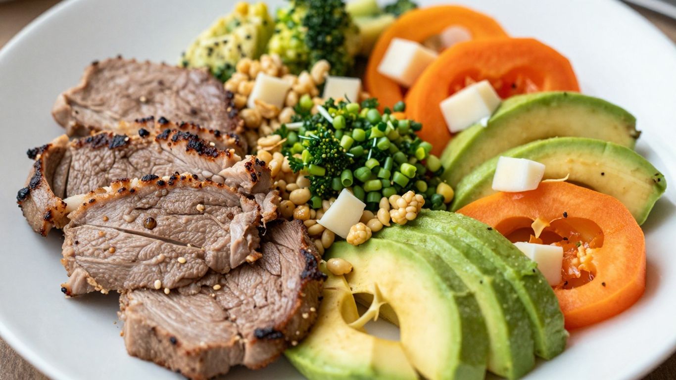 Balanced meal with protein, fat, and fiber.