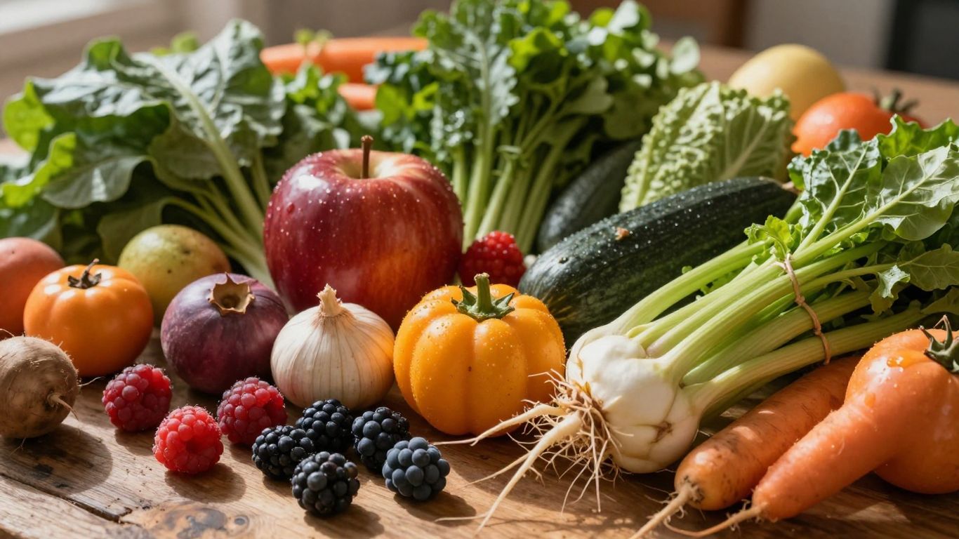 Colorful fruits and vegetables on a wooden surface.