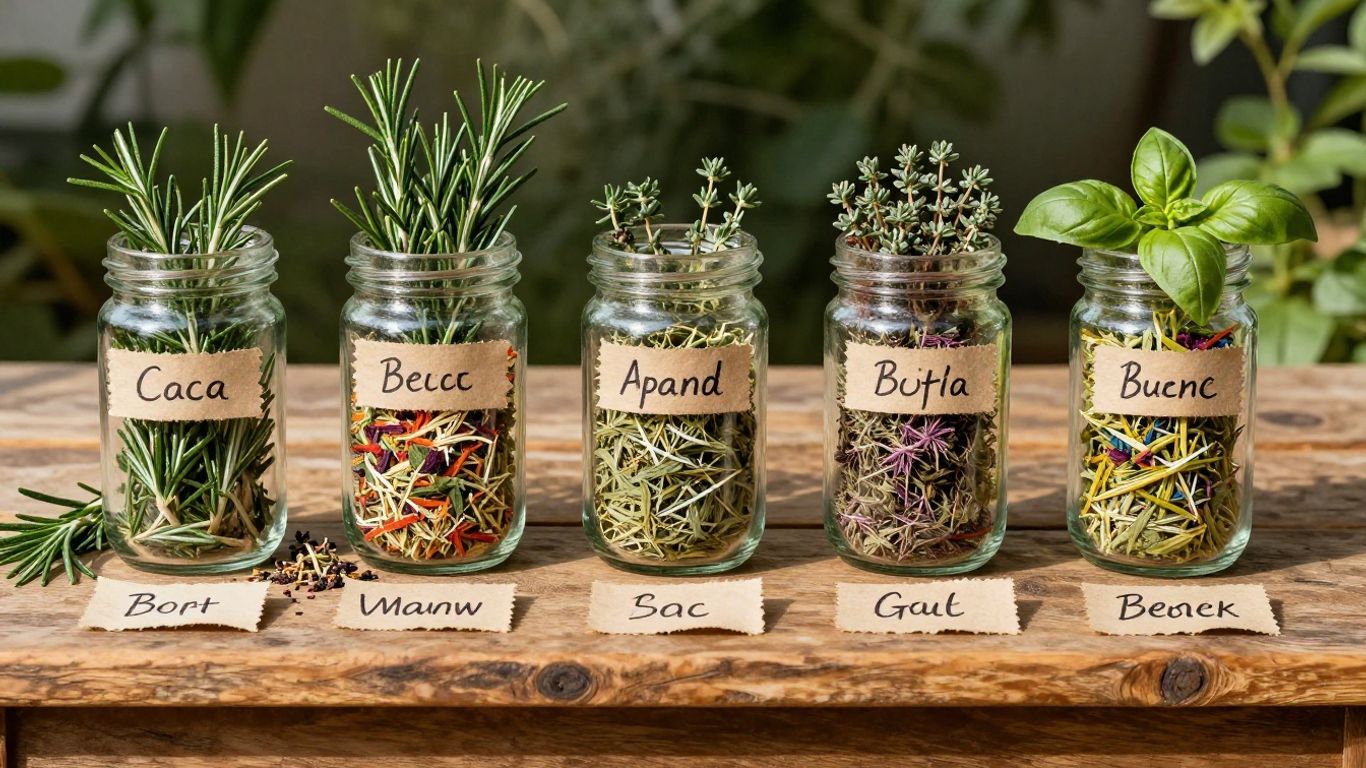 Five jars of herb blends on a wooden table.