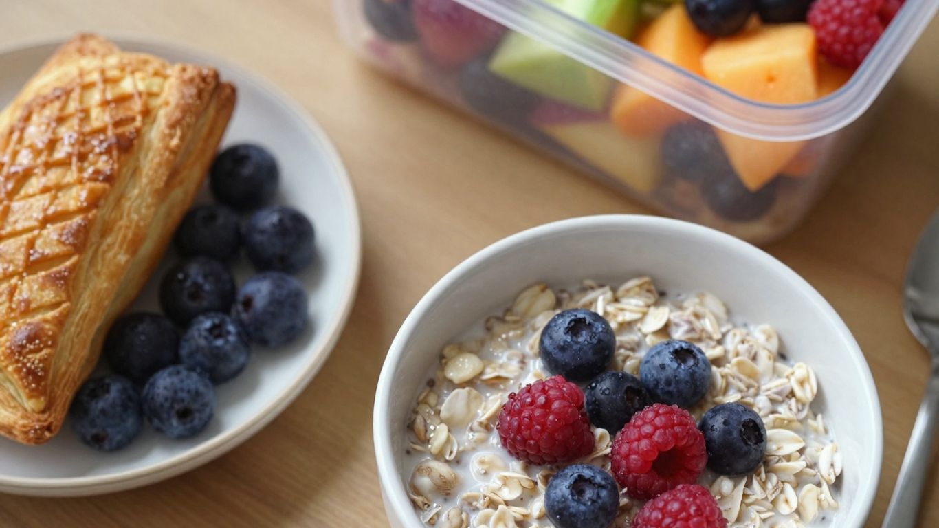 Savory and sweet breakfast dishes, including oats and fruit salad.