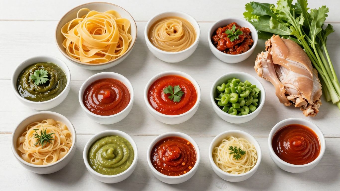 Colorful sauces with ingredients for meal preparation.