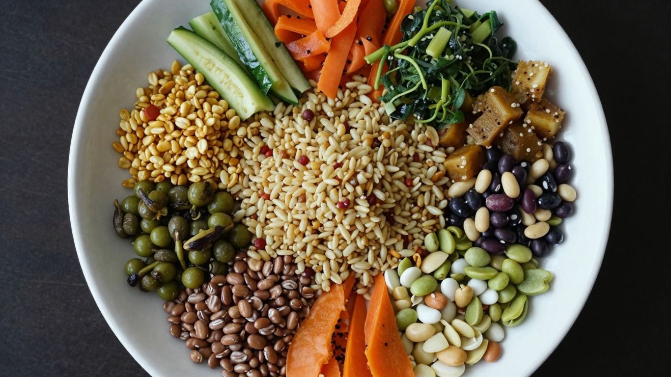 Plate of colorful plant-based foods, grains, and legumes.