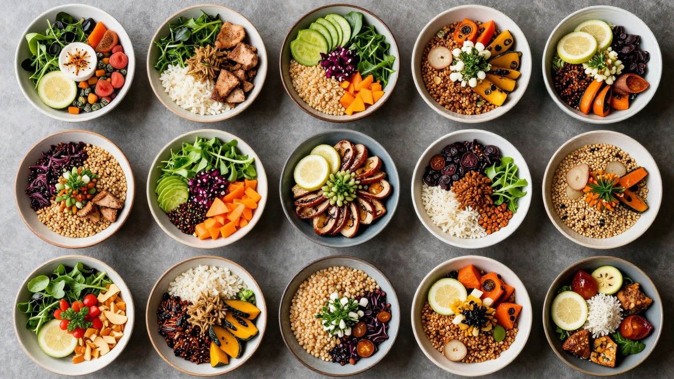 Colorful grain bowls arranged for year-round variety.