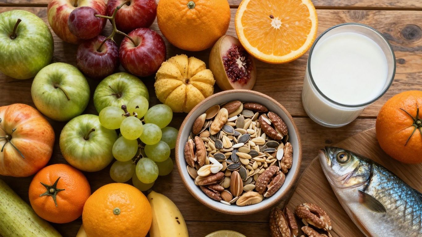Colorful fruits, vegetables, nuts, seeds, milk, and fish on a table.