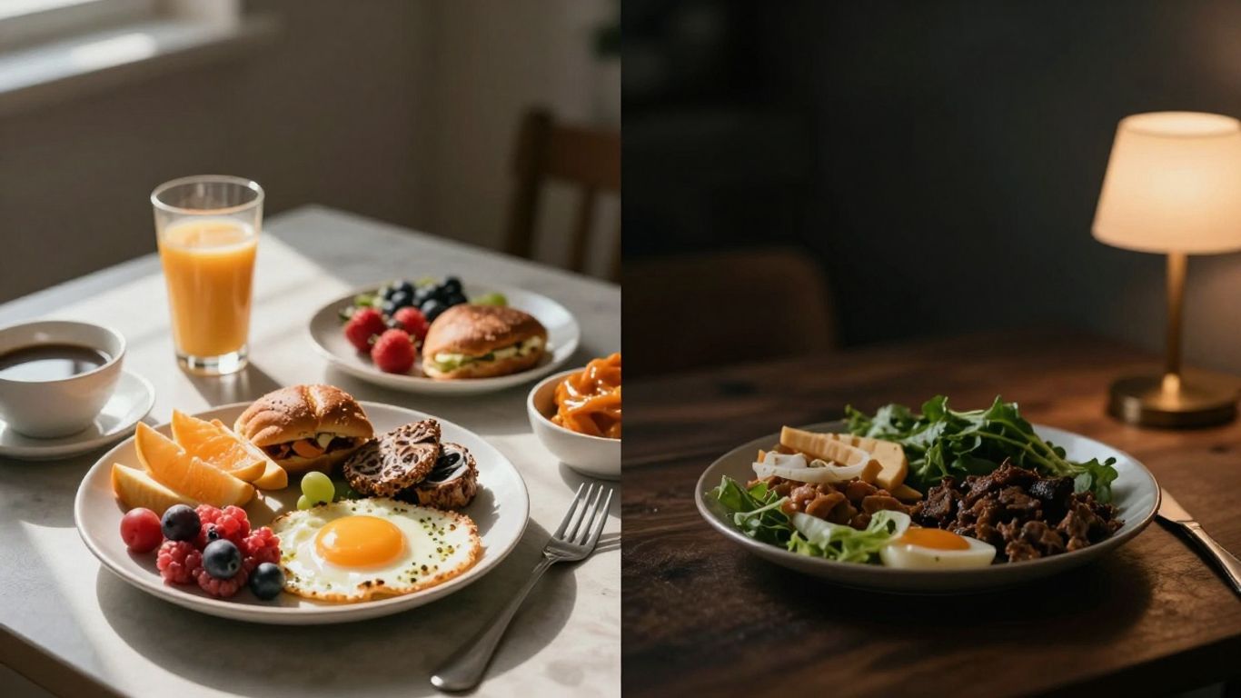 Morning and evening meals contrasted with light and dark settings.