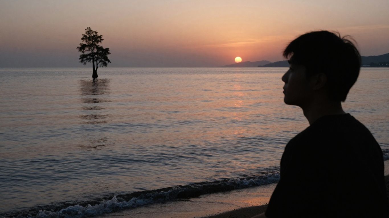 Person watching a sunset over calm water.
