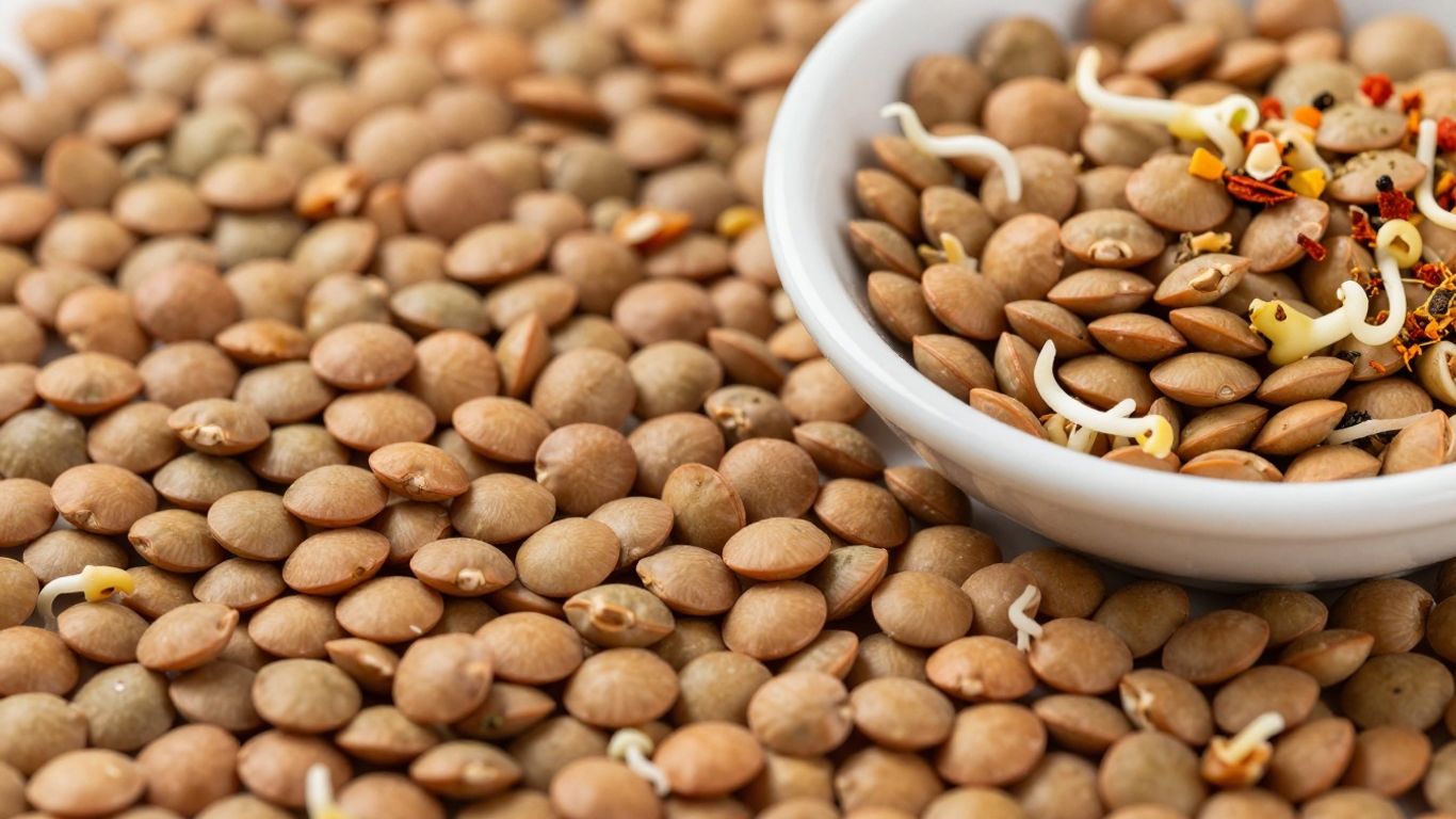 Lentils, sprouts, and spices for cooking.