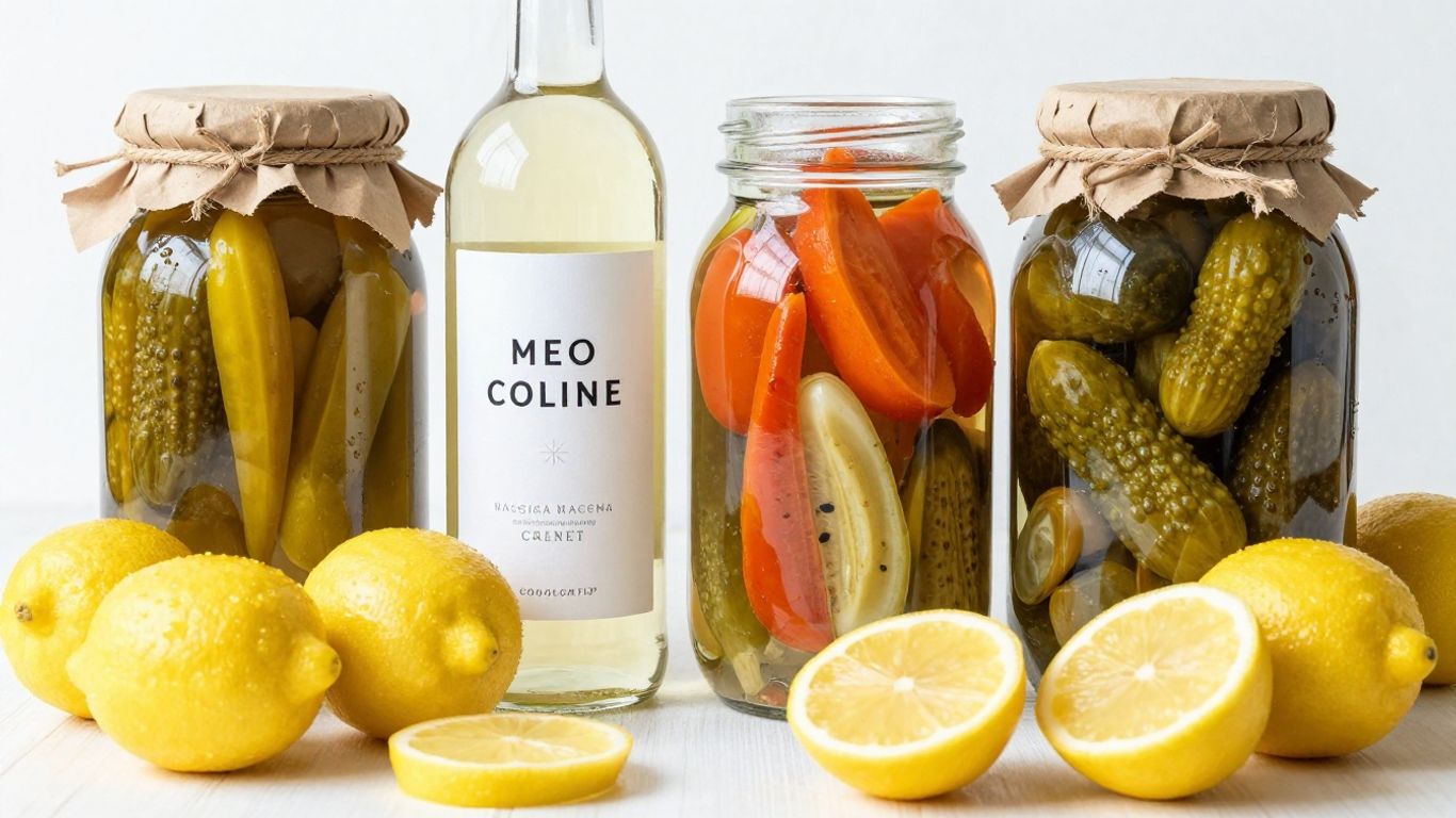 Citrus, vinegar, and pickled vegetables for cooking.