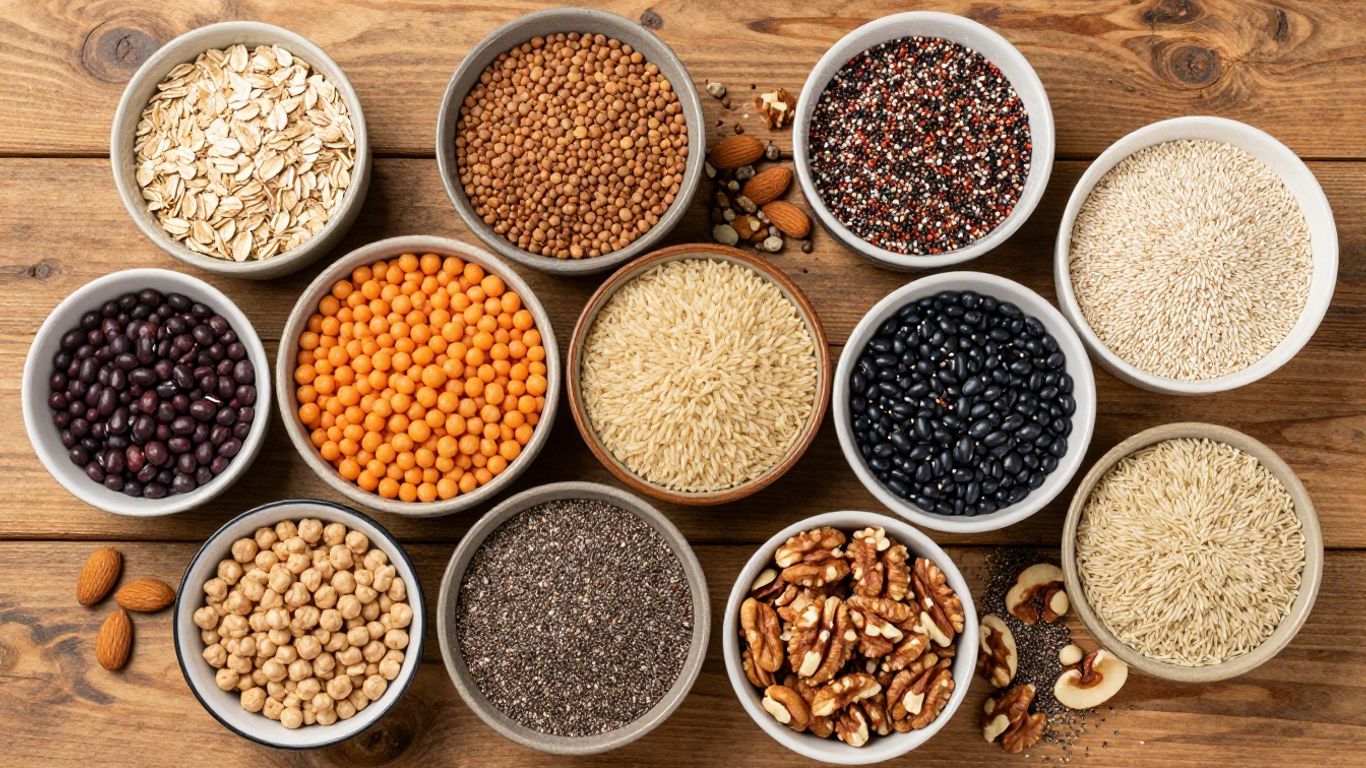 Assortment of vegetarian protein sources: pulses, grains, nuts, and seeds.