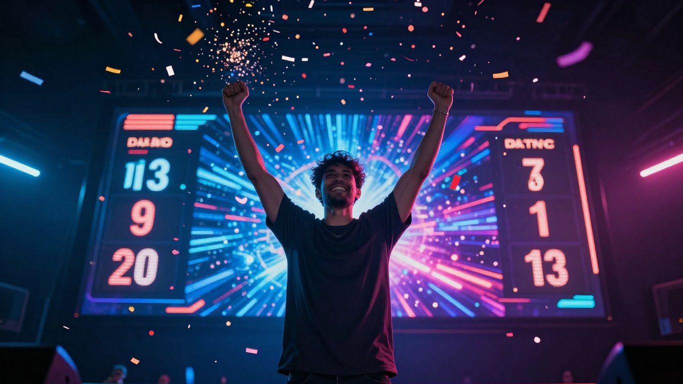 Scoreboard with glowing numbers and celebratory figure.