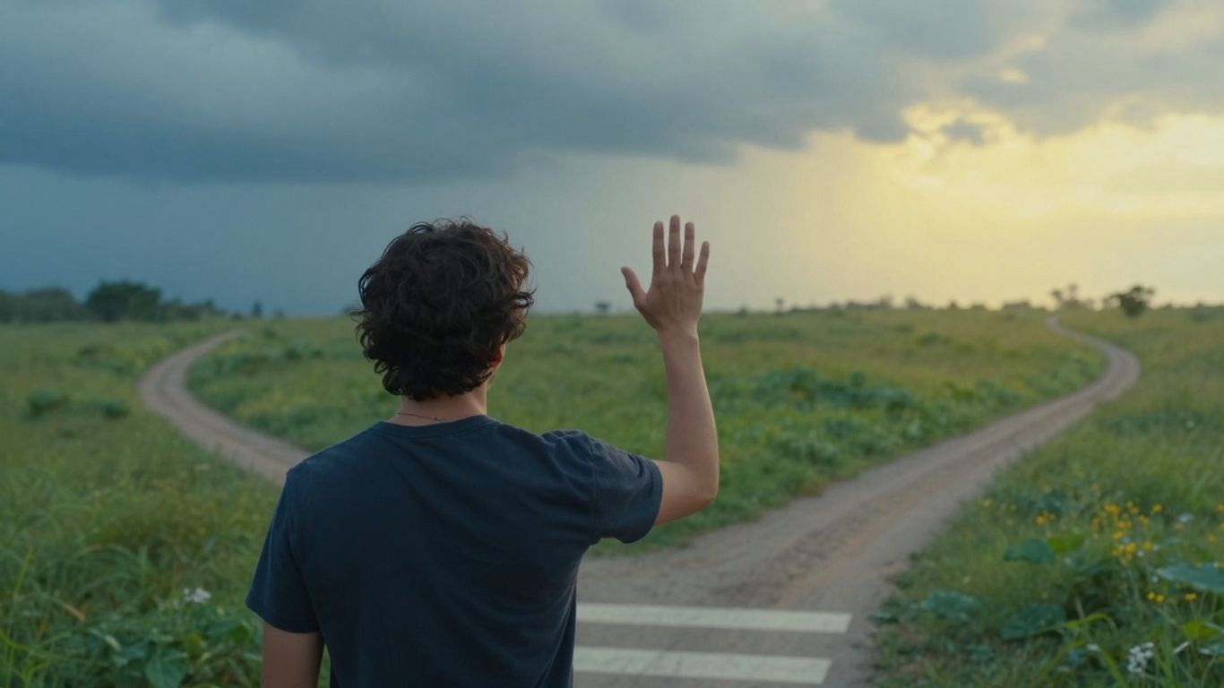 Person pauses at a crossroads between storm and sunlit path.