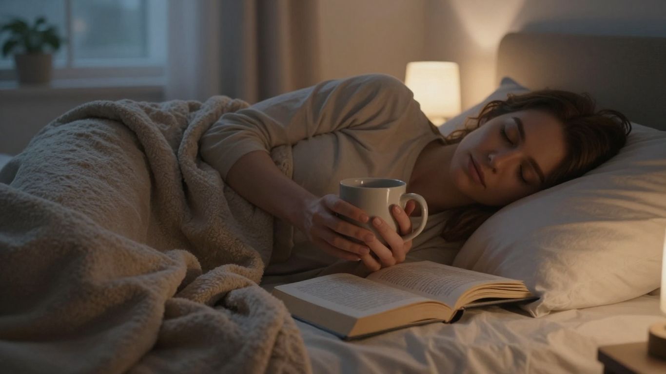 Cozy bedroom with person in bed, holding a warm mug.