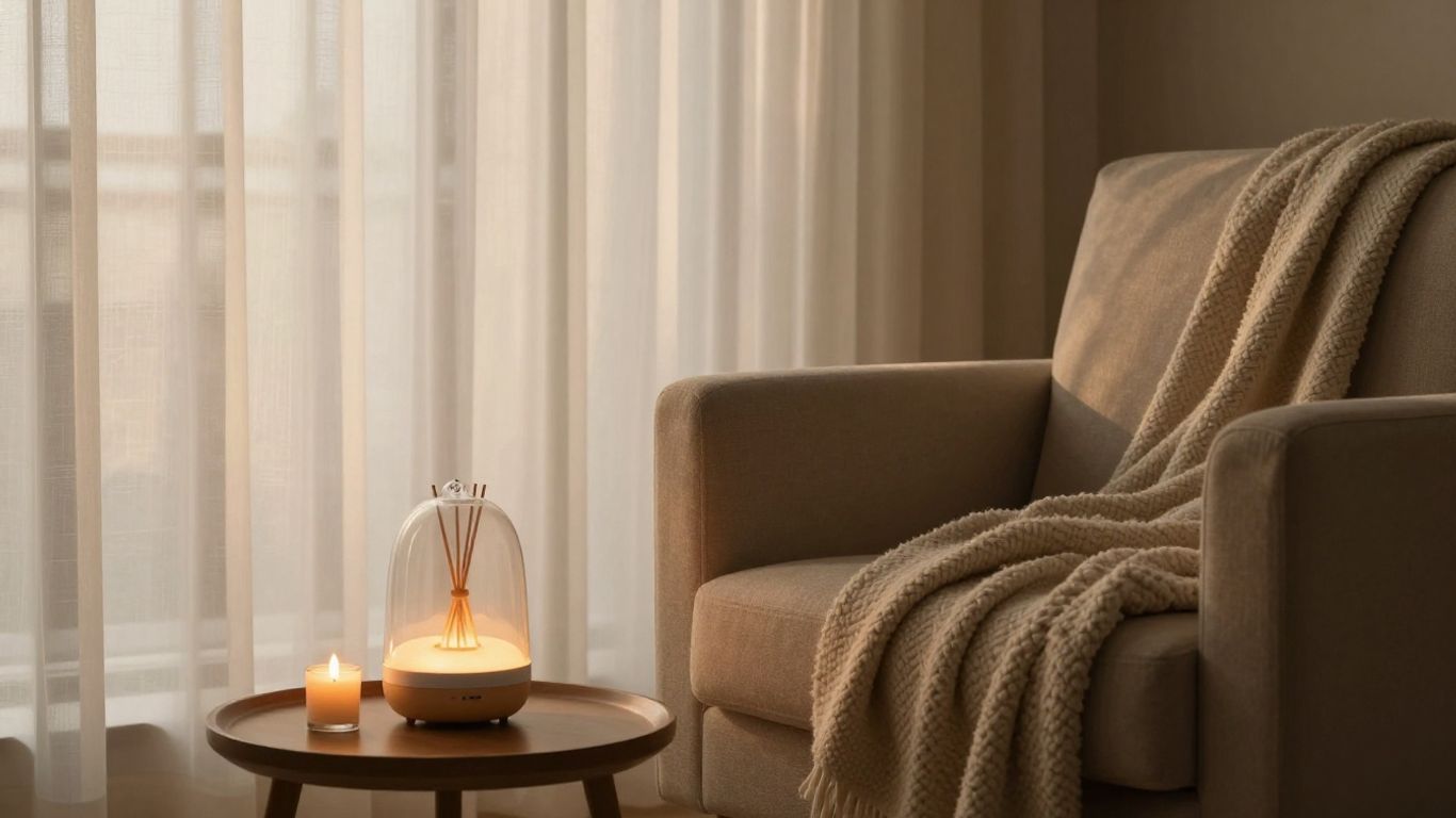 Cozy living room with soft light, diffuser, and candle.