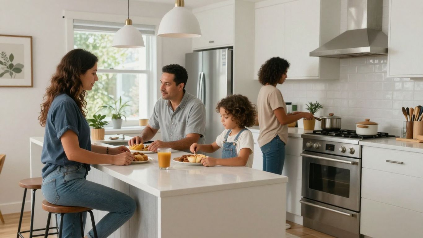 Family members peacefully coexisting in a kitchen.