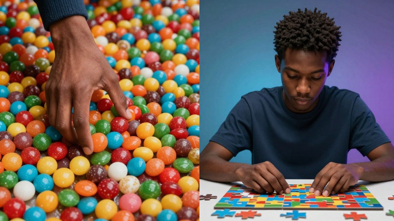 Person choosing between candy and a puzzle.