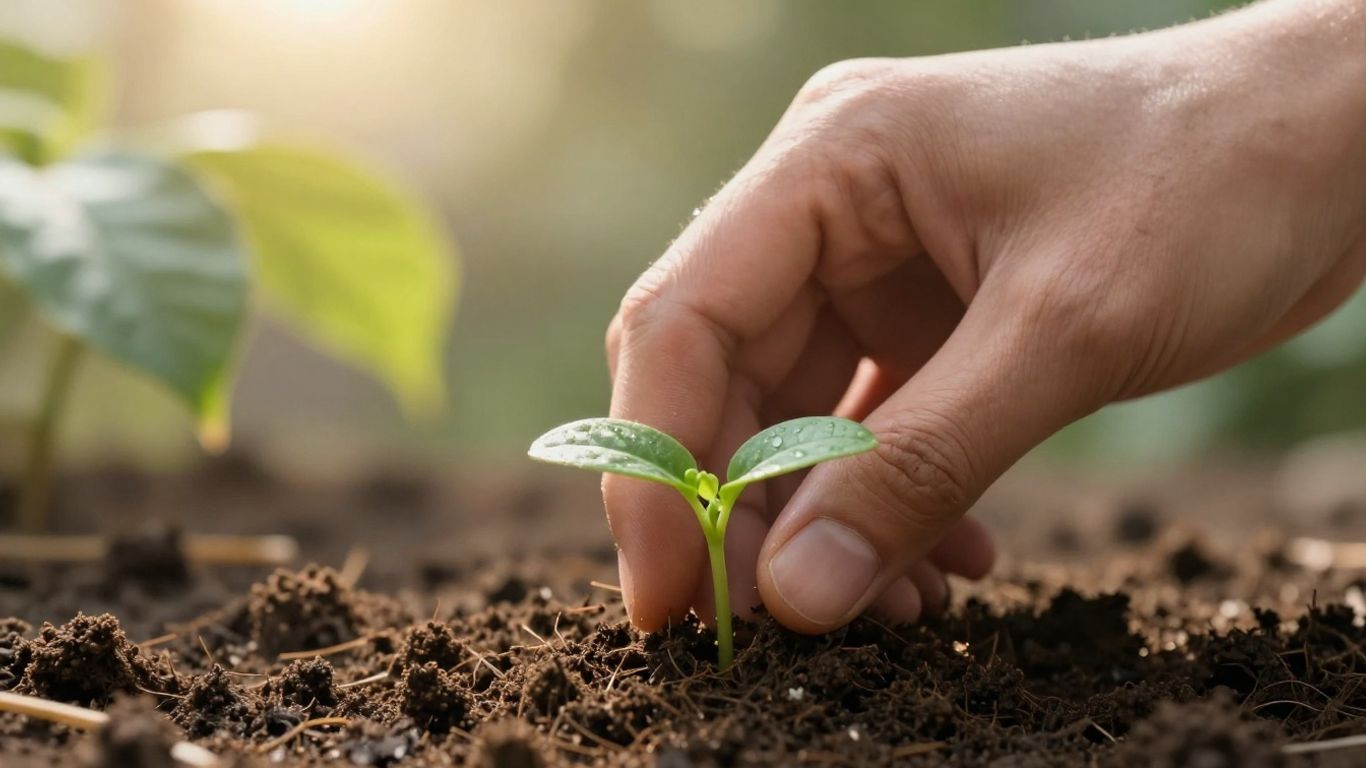 Hand planting a seedling in soil with sunlight.