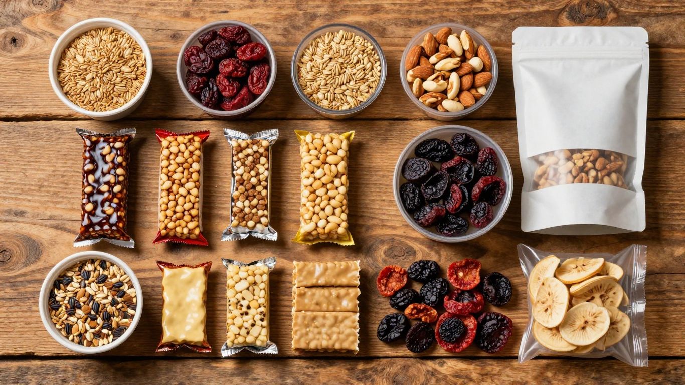 Assortment of portable protein snacks for travel.