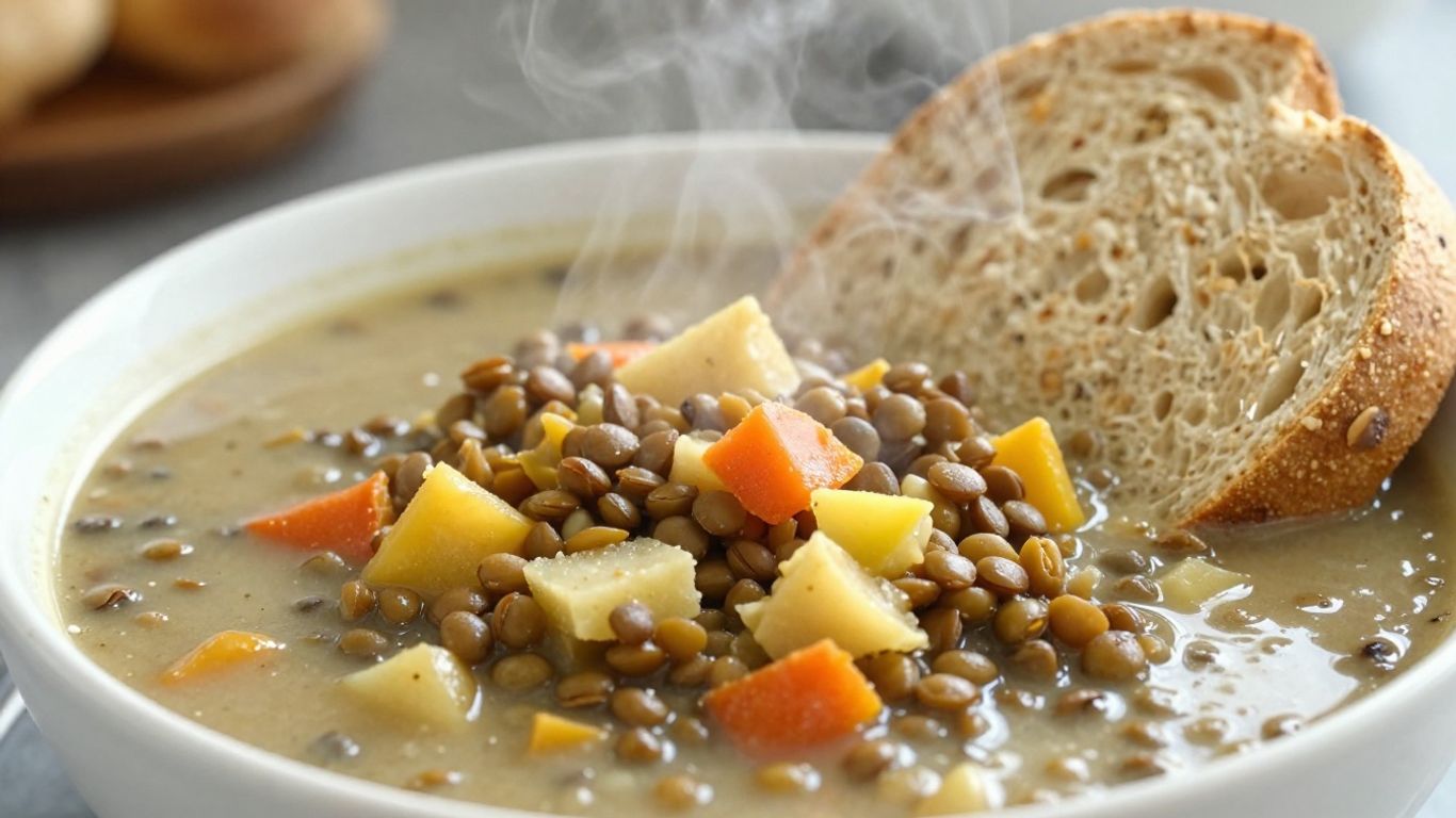 Hearty lentil soup with whole-grain bread on a kitchen counter.