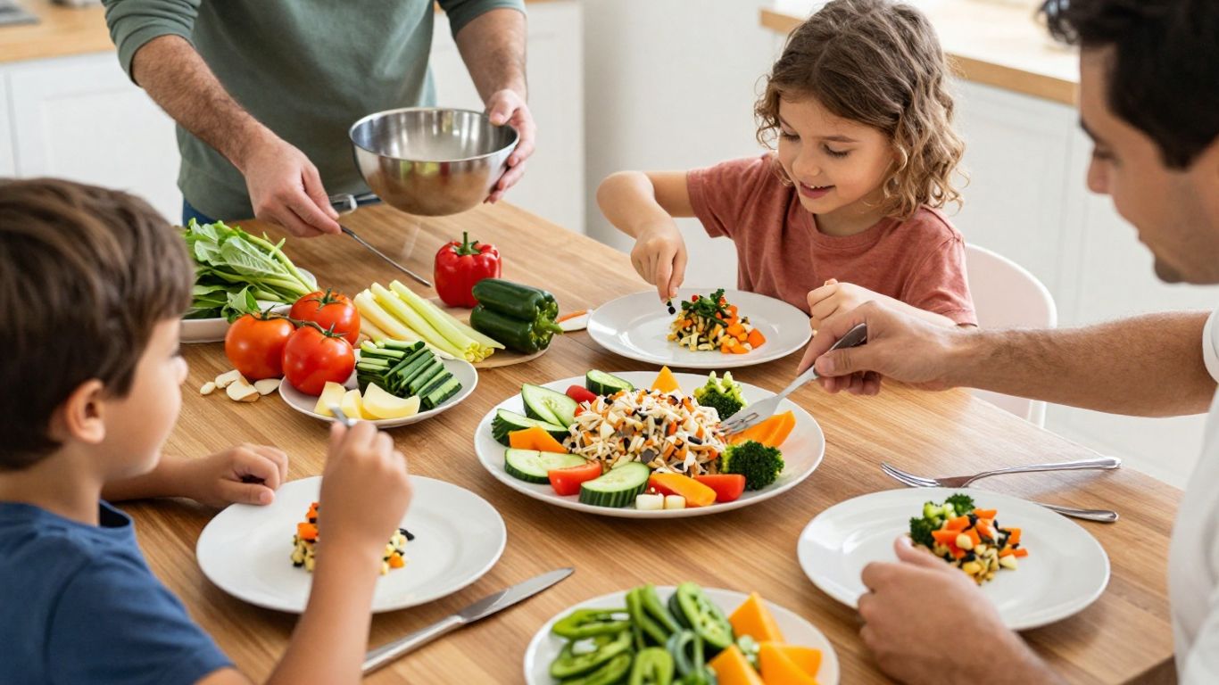 Family preparing a healthy meal together in the kitchen.
