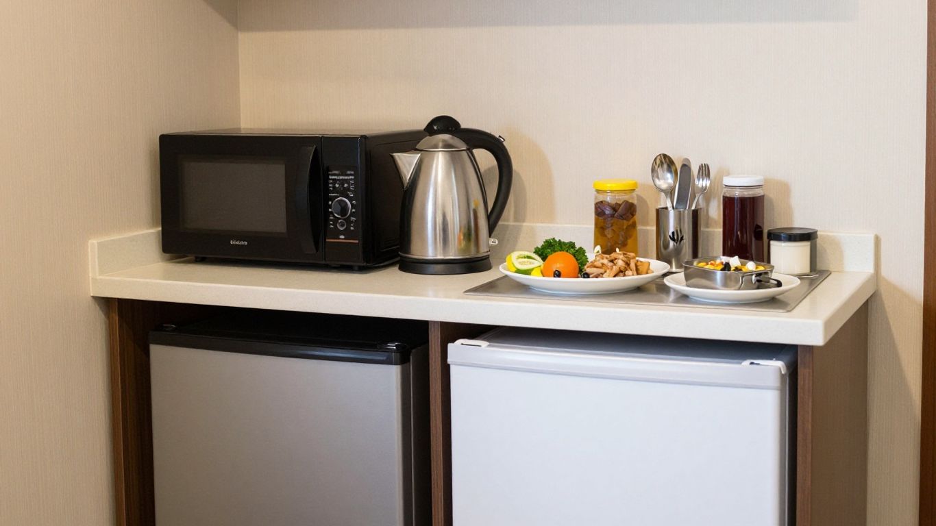 Hotel room cooking area with kettle, microwave, and mini-fridge.
