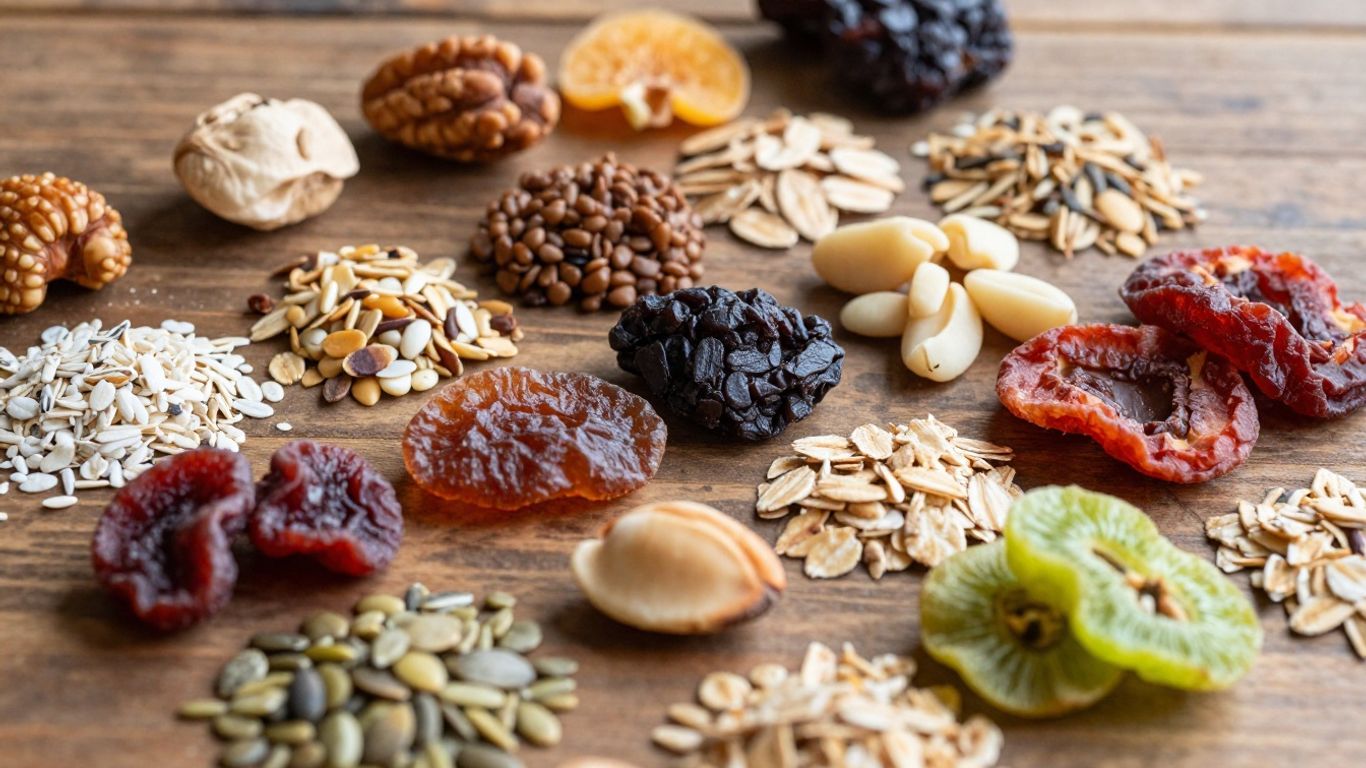 Colorful, bite-sized energy snacks on a wooden surface.