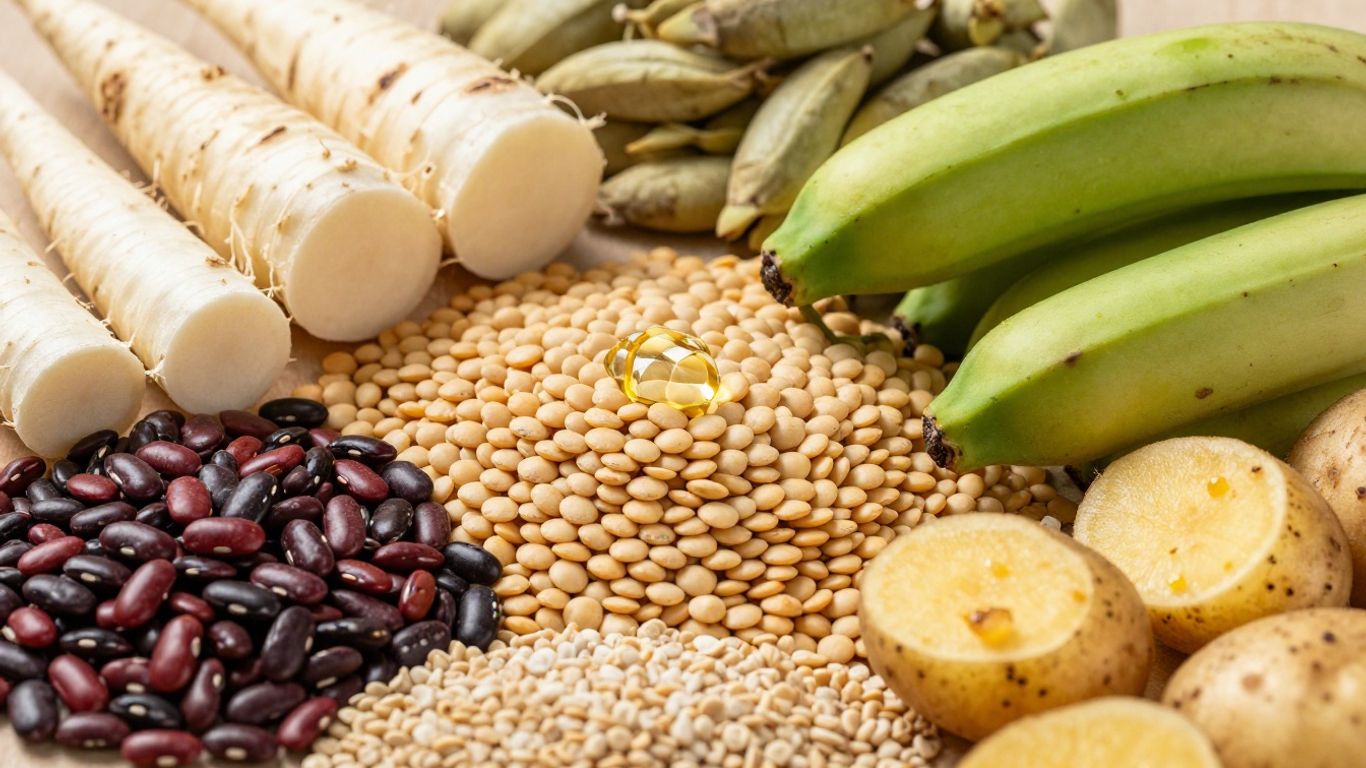 Variety of prebiotic foods: inulin, GOS, and RS.