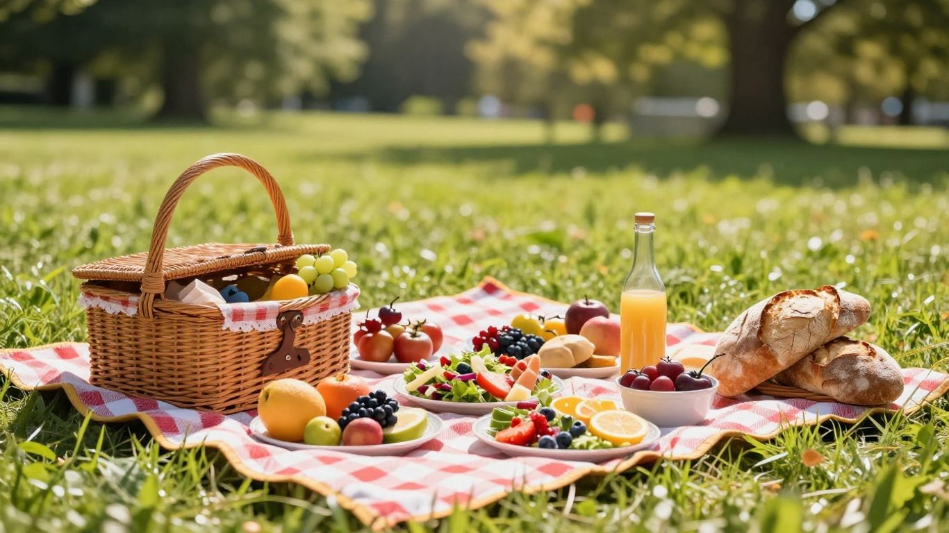 Picnic basket with fresh food on a blanket.