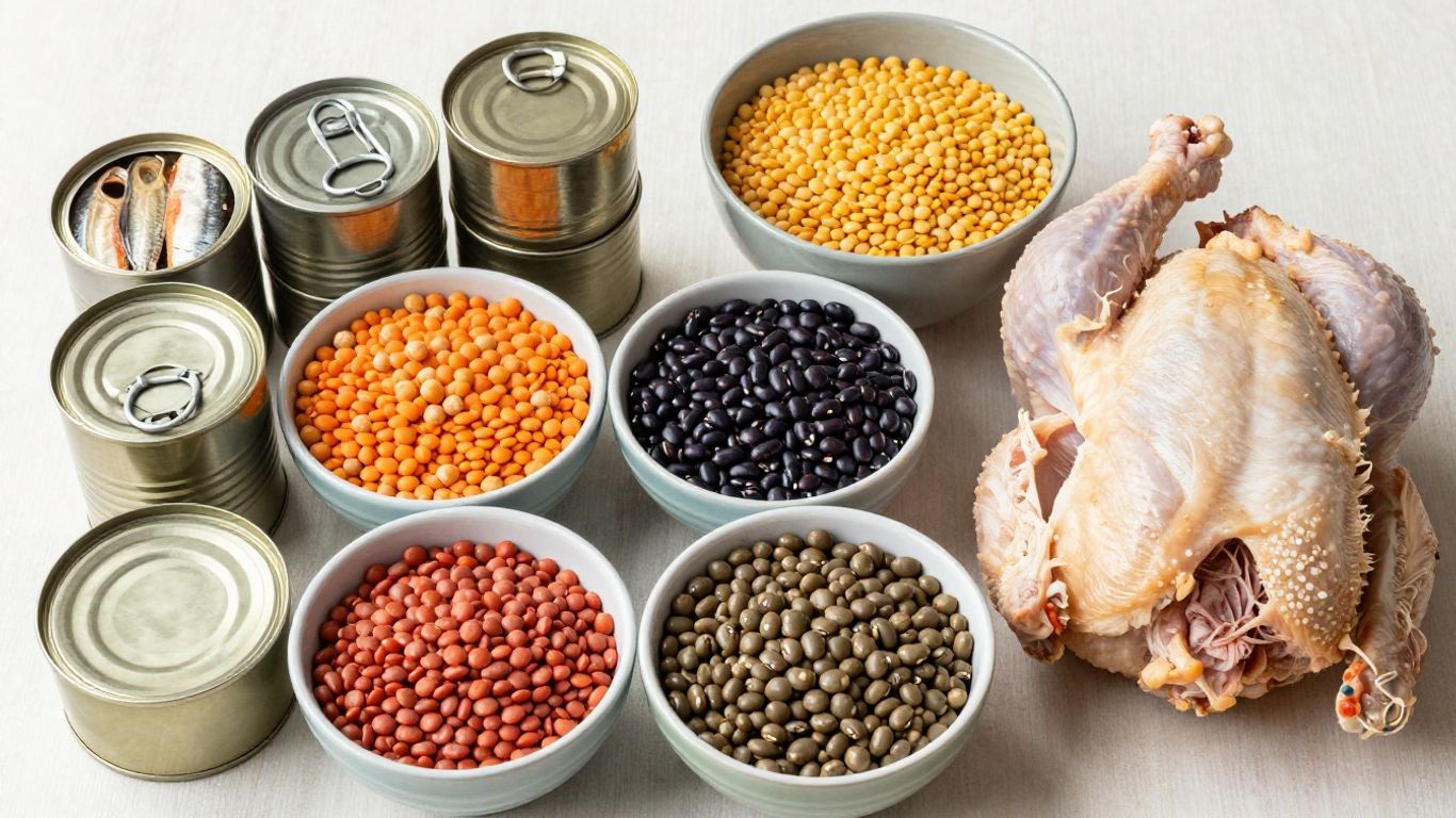 Canned fish, legumes, and chicken for budget protein.