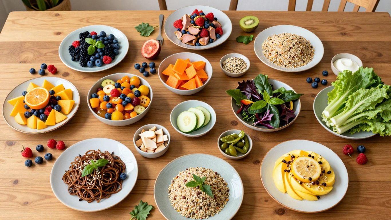 Healthy food pairings on a rustic wooden table.