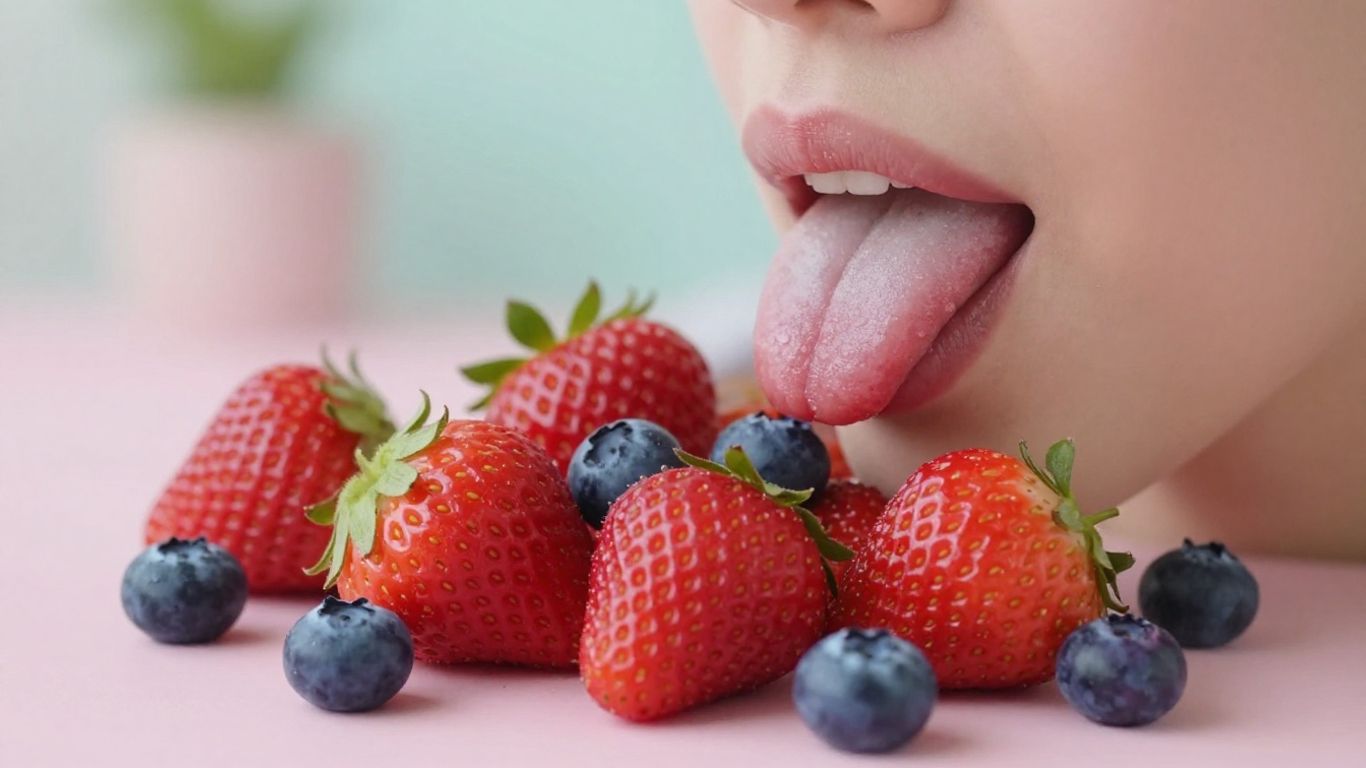 Person's tongue with fresh fruits, sweetness reset concept.