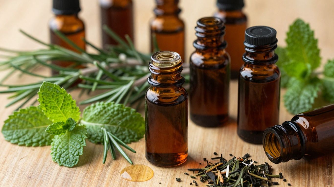 Herbal bitters in glass bottles with fresh herbs.