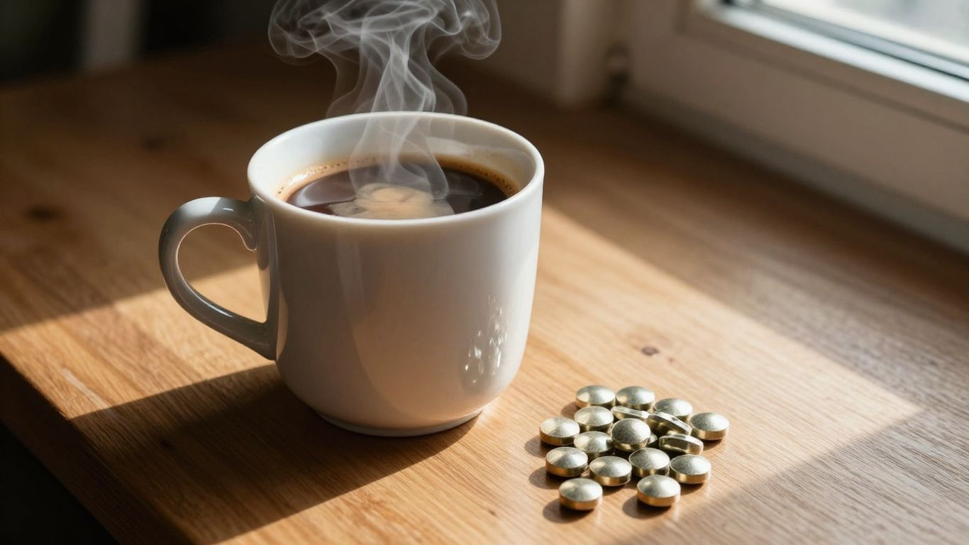 Coffee mug and iron supplements on a table.