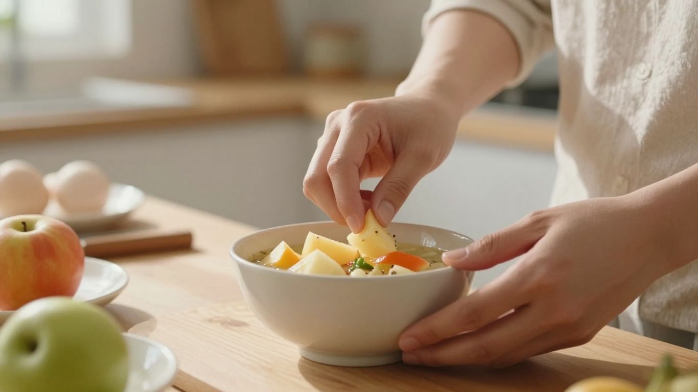 Person gently preparing a nourishing meal after illness.