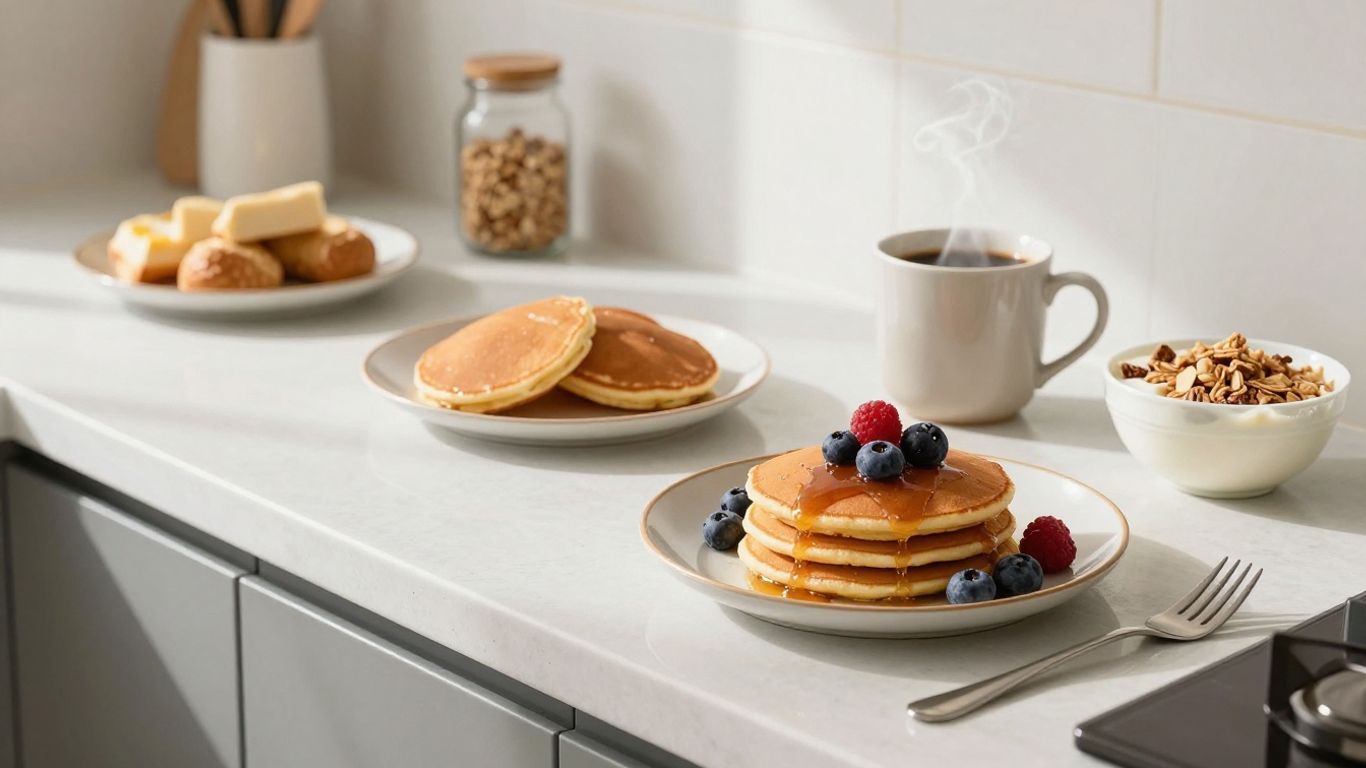 Delicious breakfast spread for late risers on a kitchen counter.