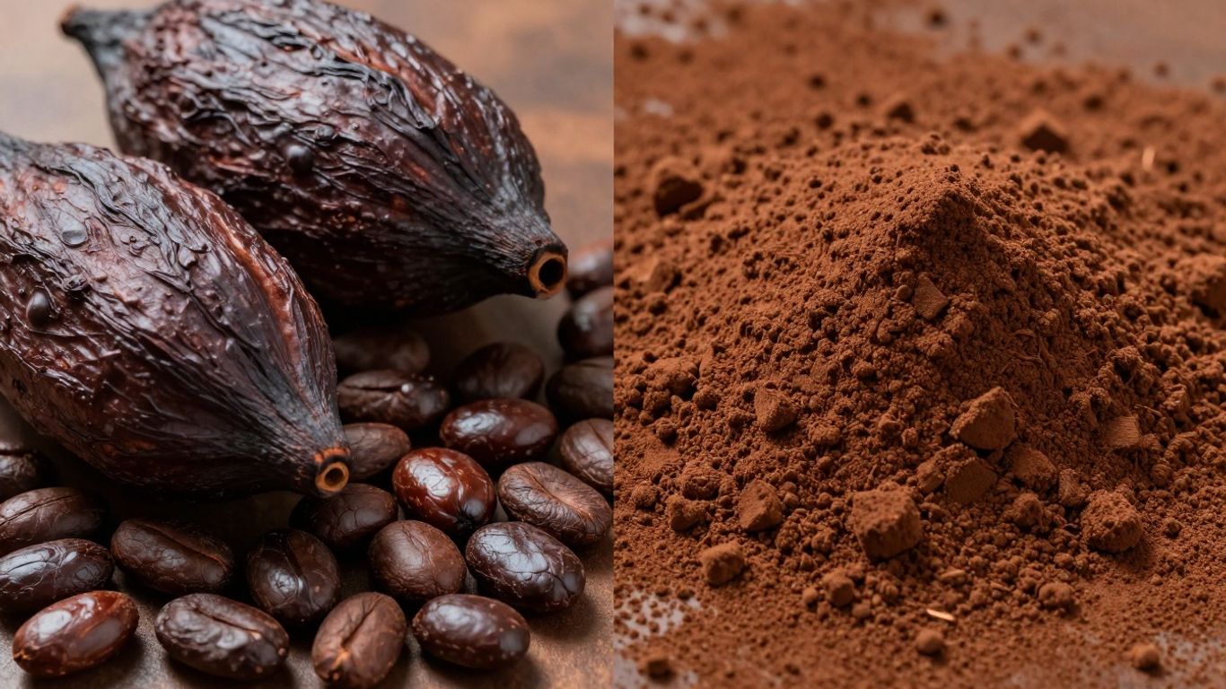 Cacao pod and cocoa powder side-by-side.