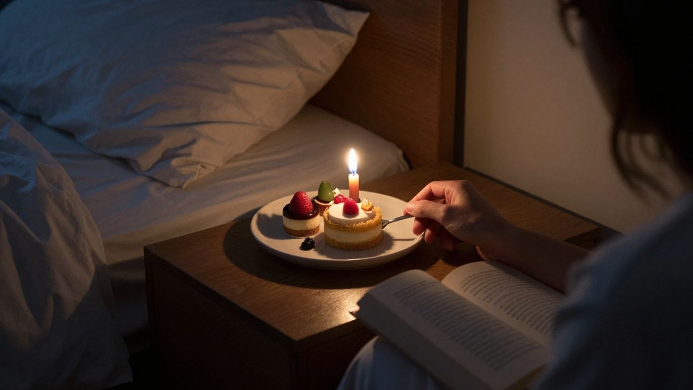 Peaceful bedroom dessert scene at dusk.