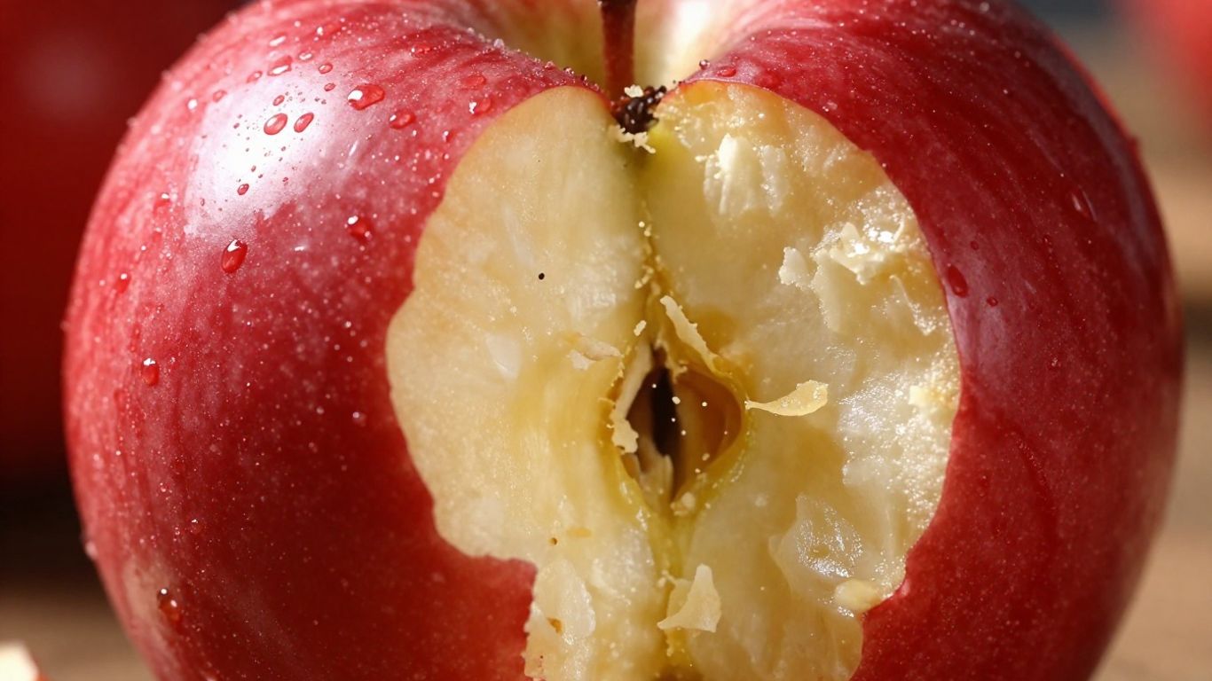 Crisp apple being bitten, crumbs flying.